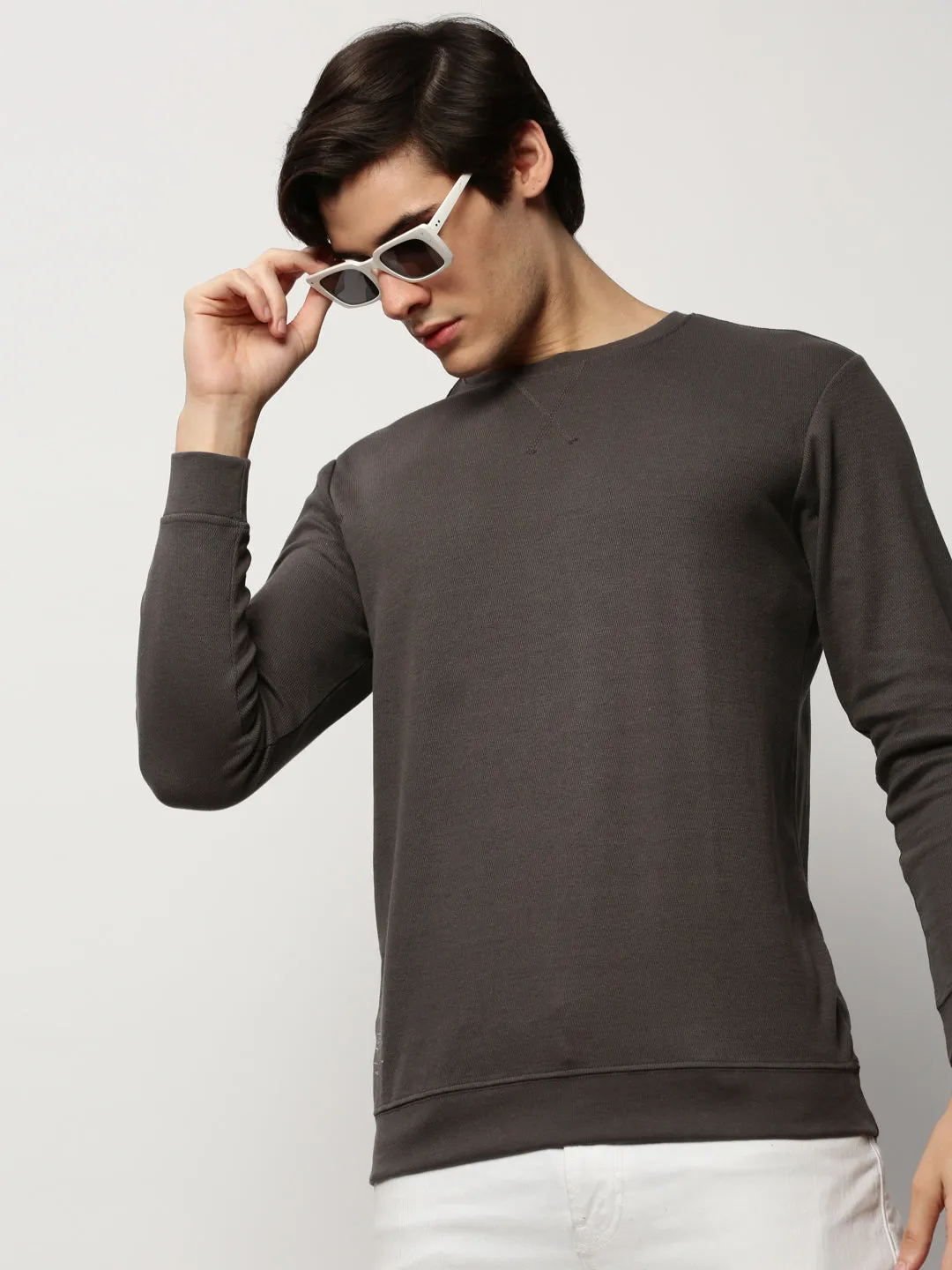 Men's Grey Round Neck Long Sleeves Cotton Pullover Comfy Basics product business casual suitability