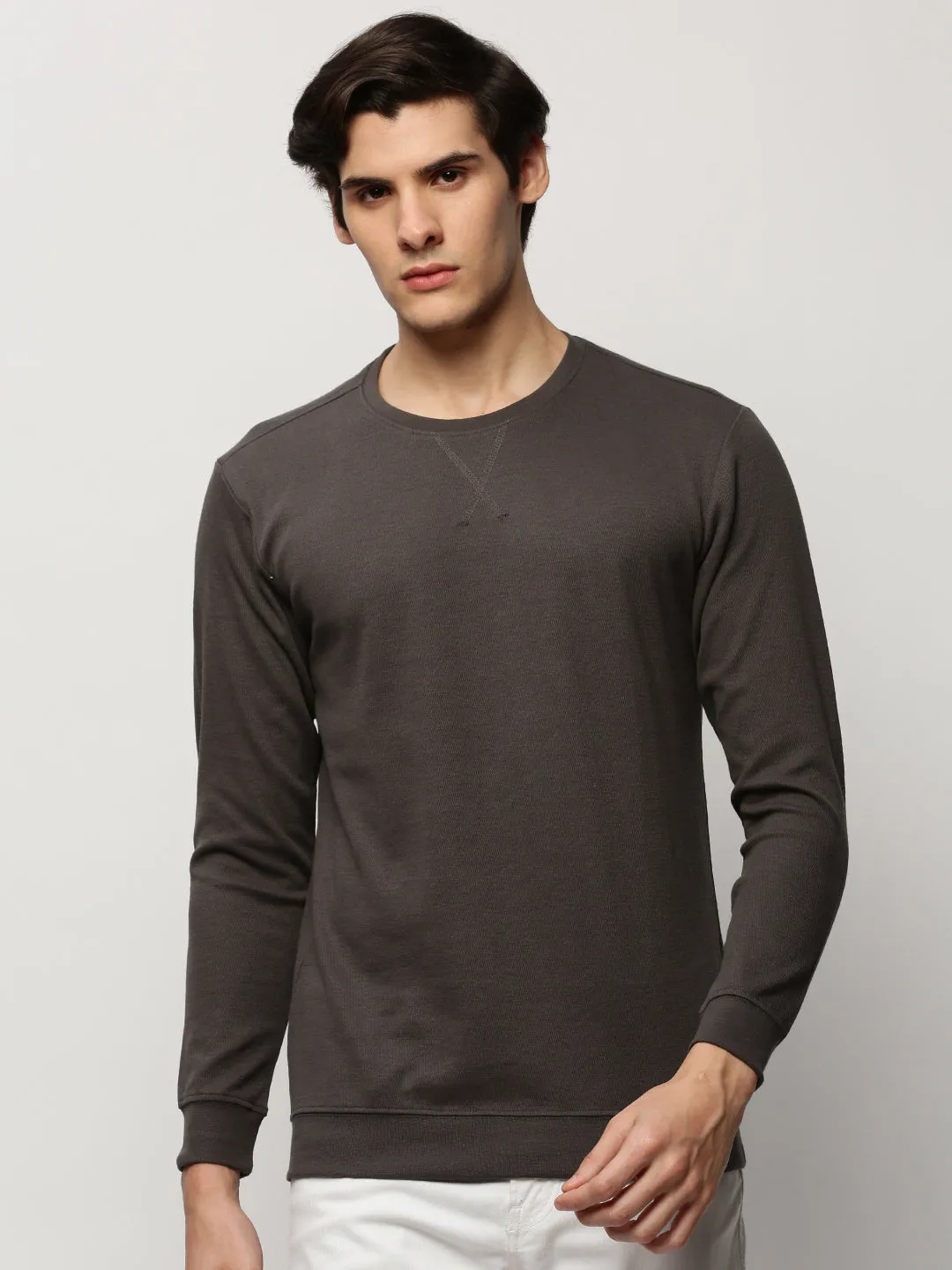 Cozy And Warm product UV resistant protection Men's Grey Round Neck Long Sleeves Cotton Pullover