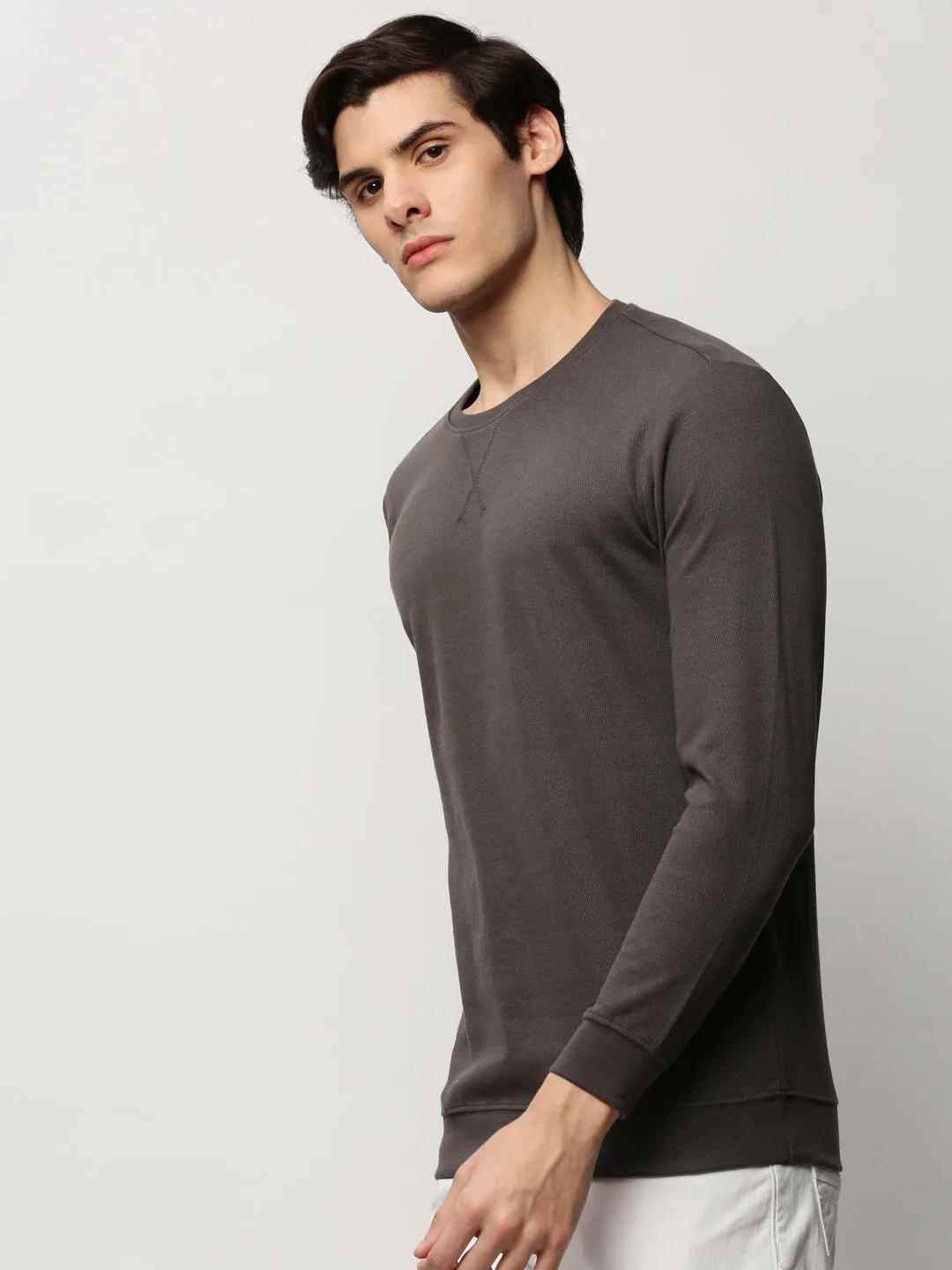 Men's Grey Round Neck Long Sleeves Cotton Pullover Monochrome Look