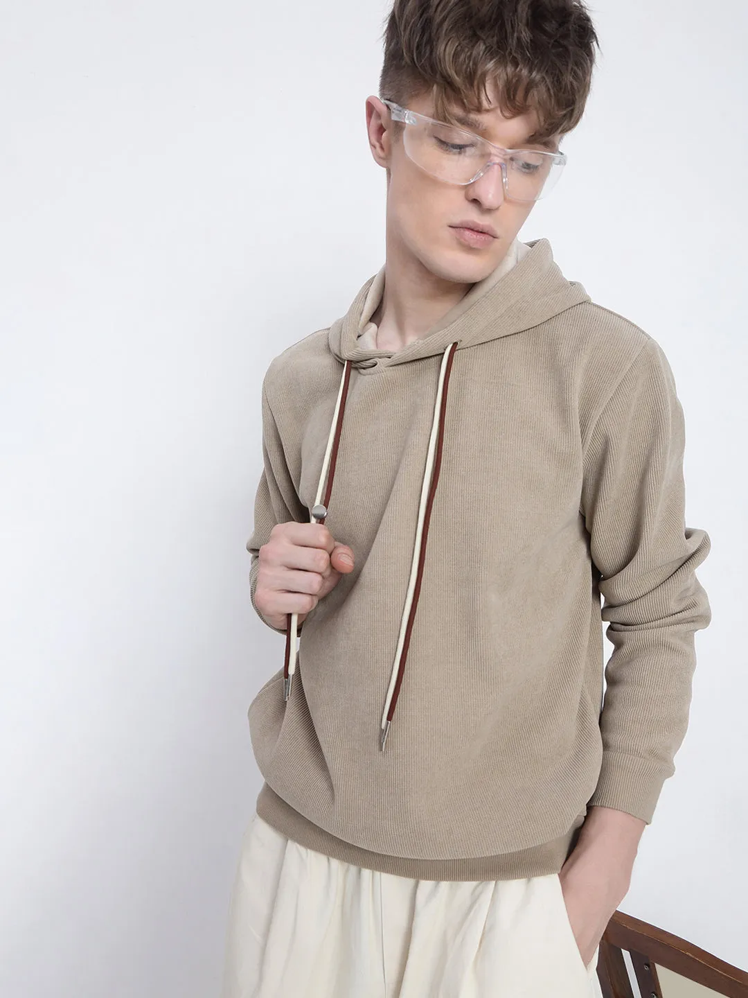 Men's Casual Beige Full Sleeves Hoodie Satin Lining