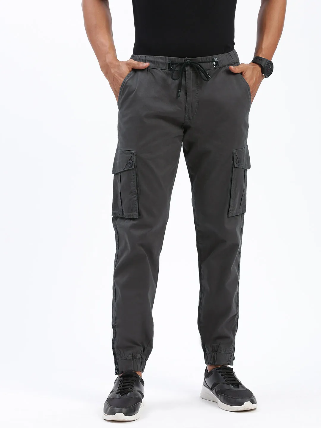 Men's Charcoal Comfort Slim Fit Low-Rise Joggers Trousers Full Flex Zip Pocket