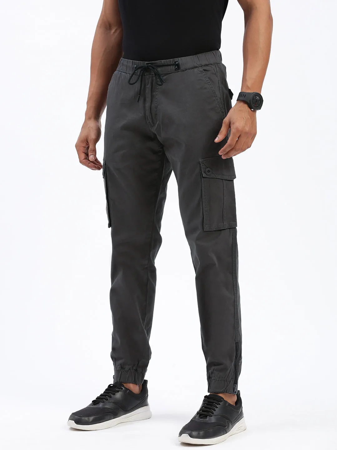 Men's Charcoal Comfort Slim Fit Low-Rise Joggers Trousers Breathable mesh