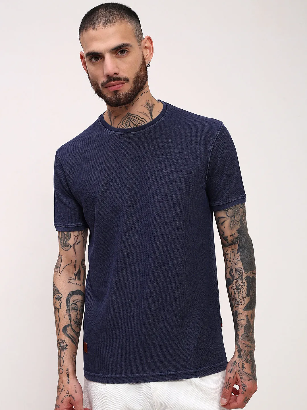 Men's Navy Blue Solid Round Neck Slim Fit Cotton T-Shirt Premium Quality