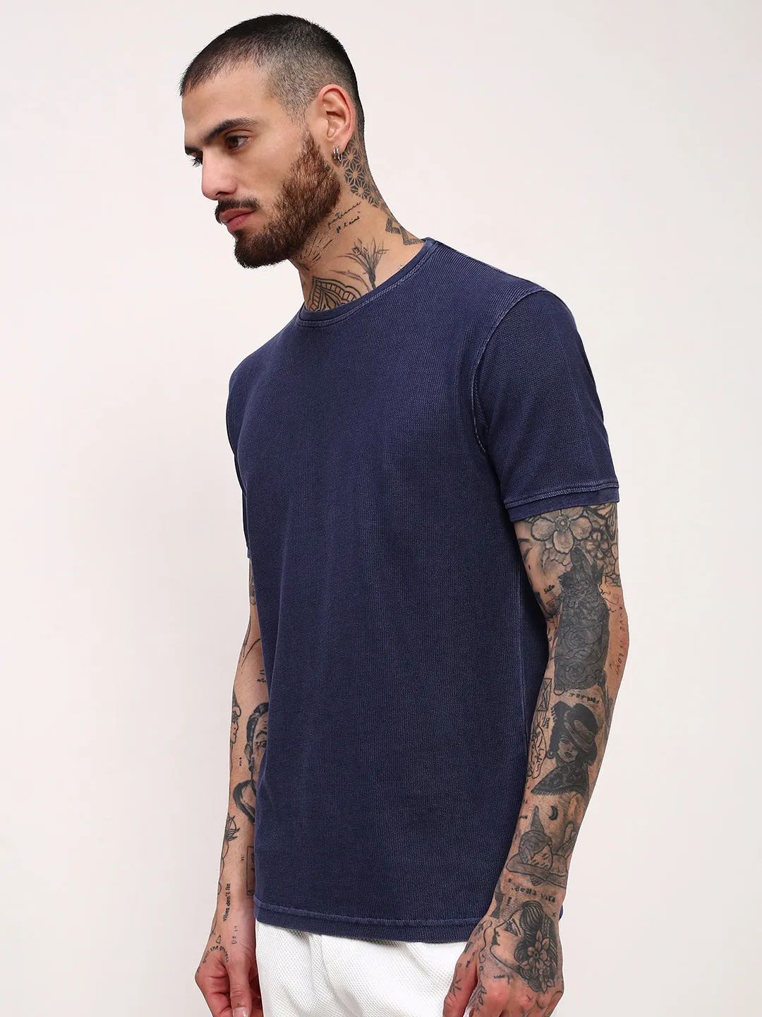 Men's Navy Blue Solid Round Neck Slim Fit Cotton T-Shirt Warm Hoodie Fashionable