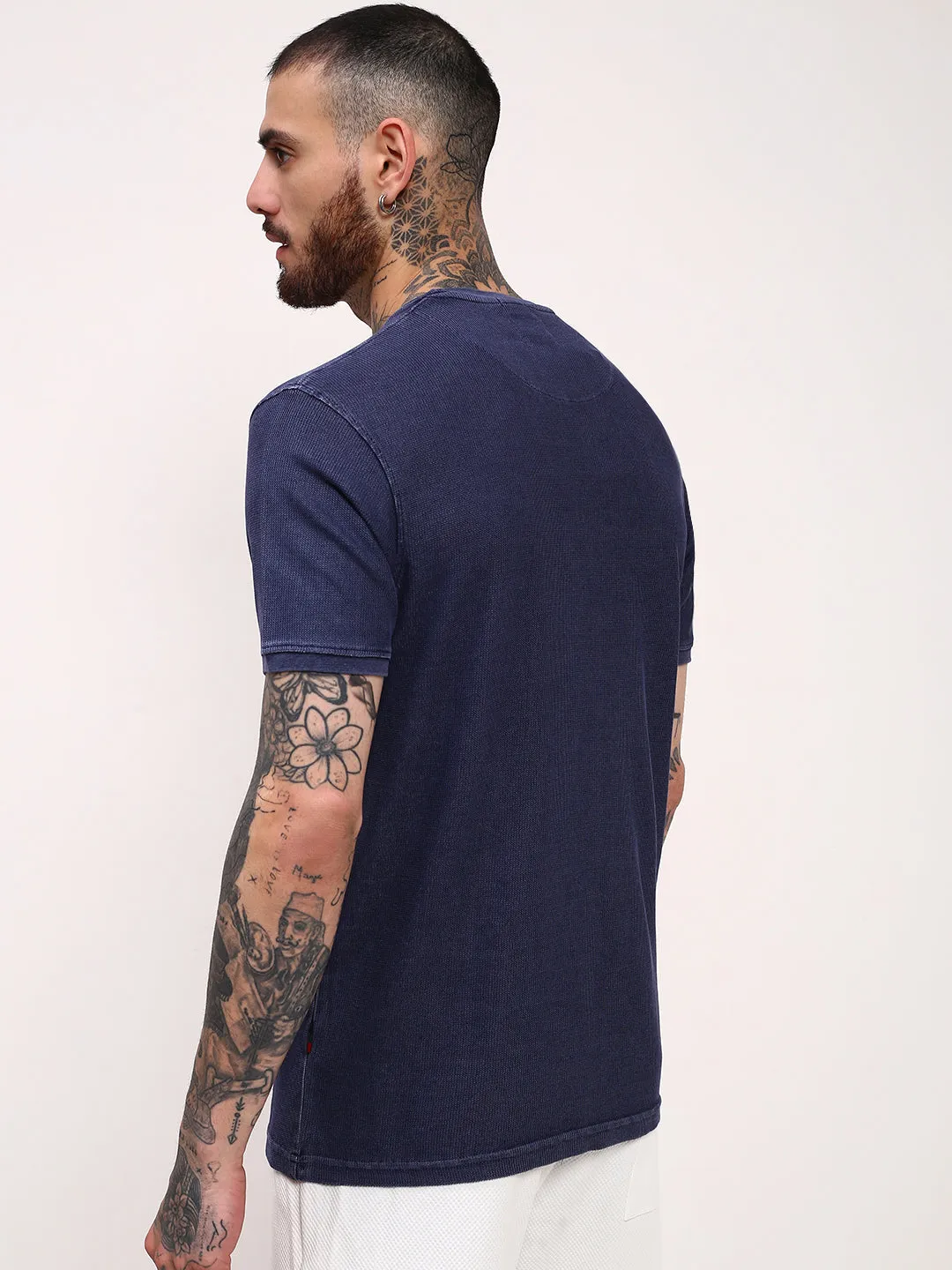 Men's Navy Blue Solid Round Neck Slim Fit Cotton T-Shirt Cozy Fashion Comfort Hoodie
