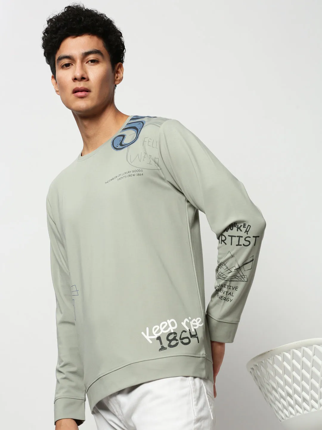 product clearance Adventure Ready Men's Sea Green Printed Round Neck Cotton Sweatshirt