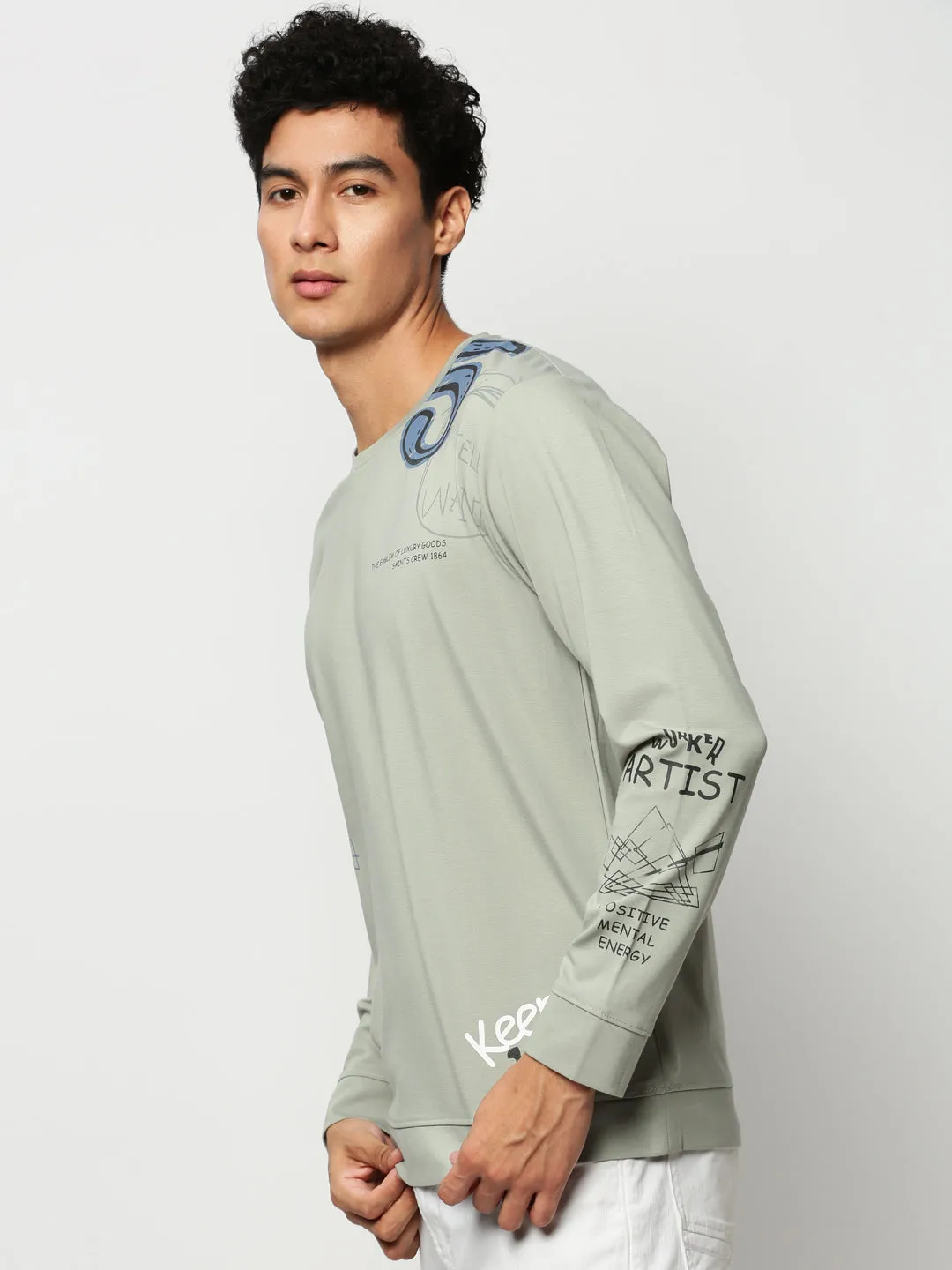 adults' Men's Sea Green Printed Round Neck Cotton Sweatshirt