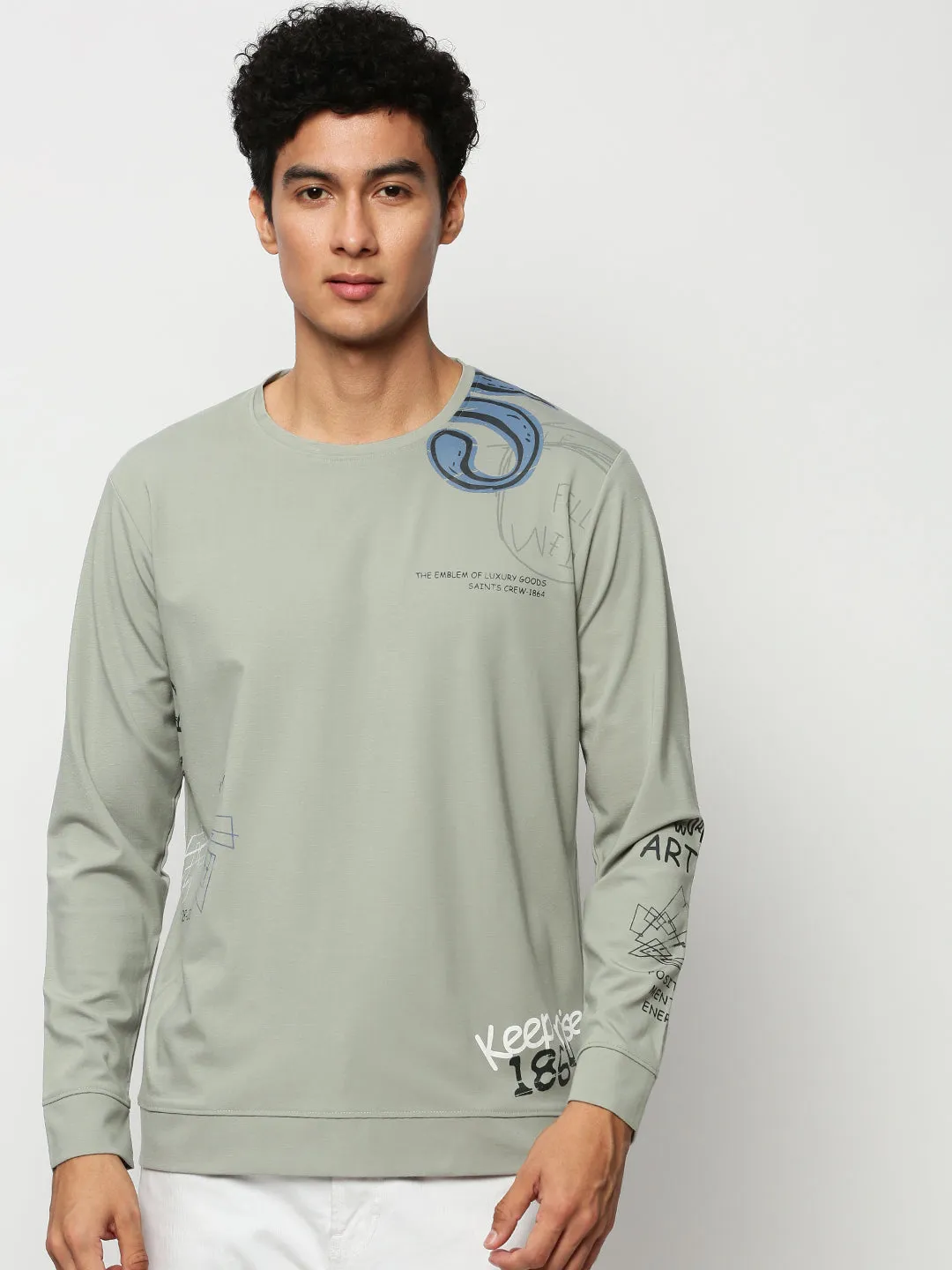 Street Style Men's Sea Green Printed Round Neck Cotton Sweatshirt