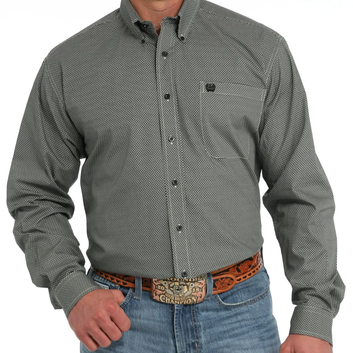 UV Protective Coating Cinch Men's L/S Classic Fit Geometric Western Button Down Shirt in Lime