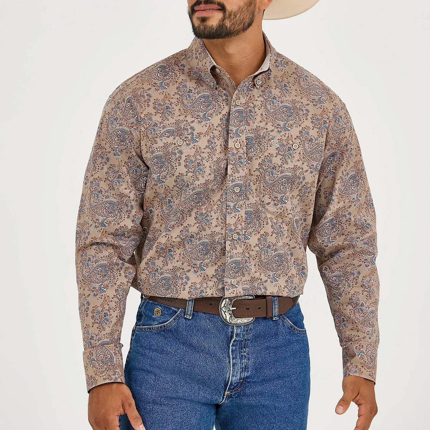 Wrangler Men's L/S George Strait Paisley Button Down Shirt in Bold Brown Modern Smart