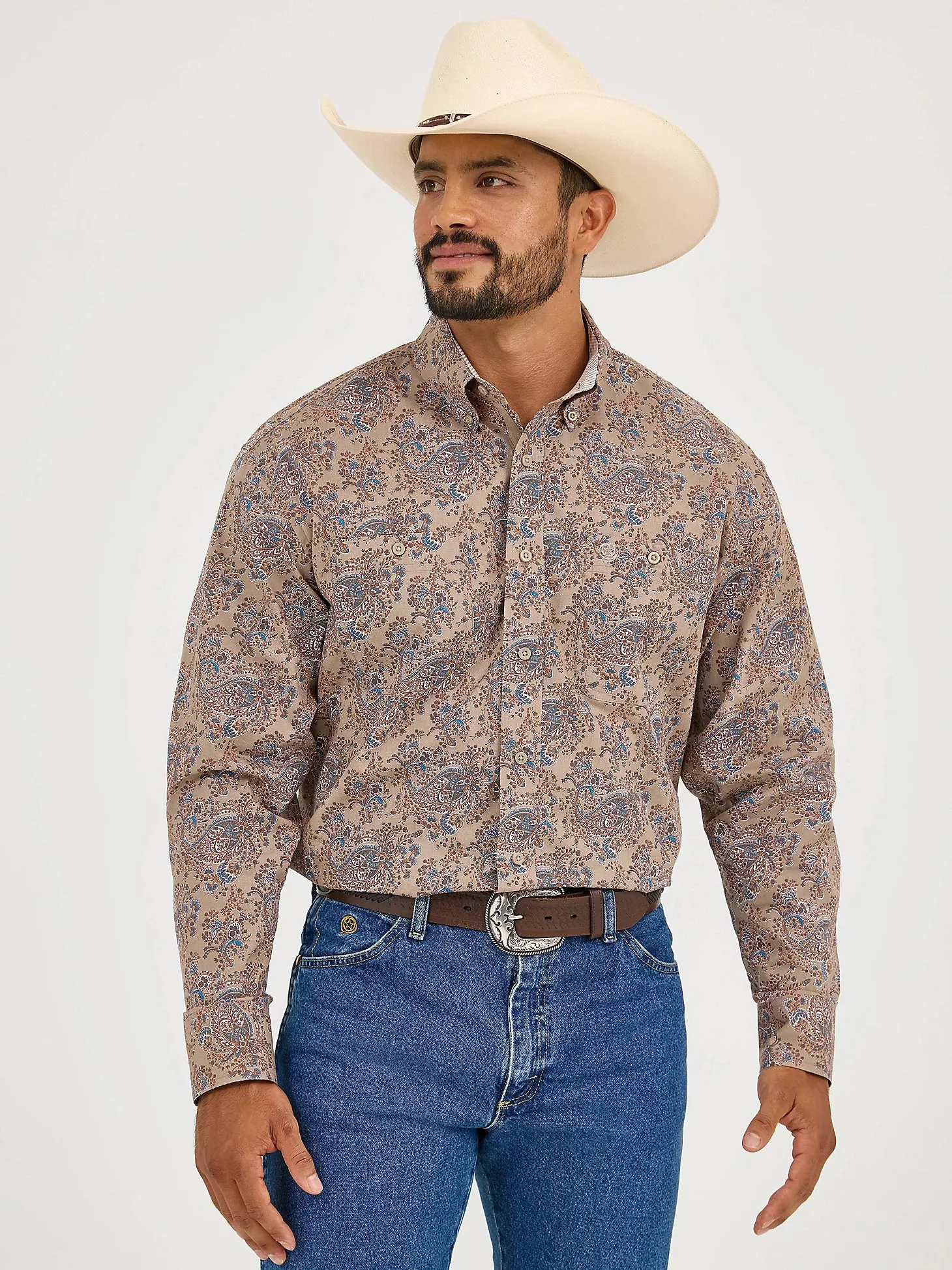 Wrangler Men's L/S George Strait Paisley Button Down Shirt in Bold Brown Perfect Layer Wear