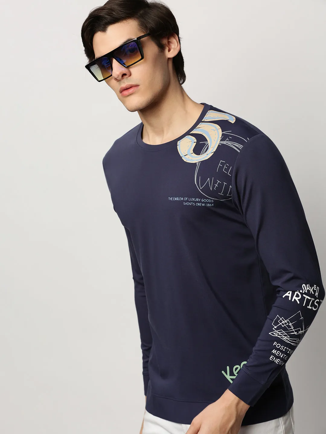 Men's Navy Blue Printed Round Neck Cotton Sweatshirt quick dry