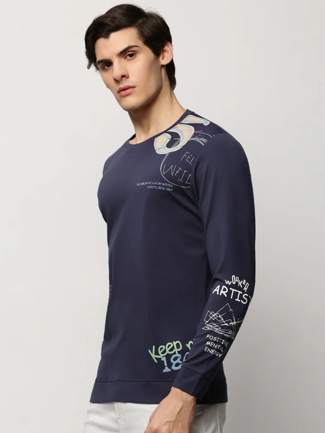 product home friendliness Men's Navy Blue Printed Round Neck Cotton Sweatshirt