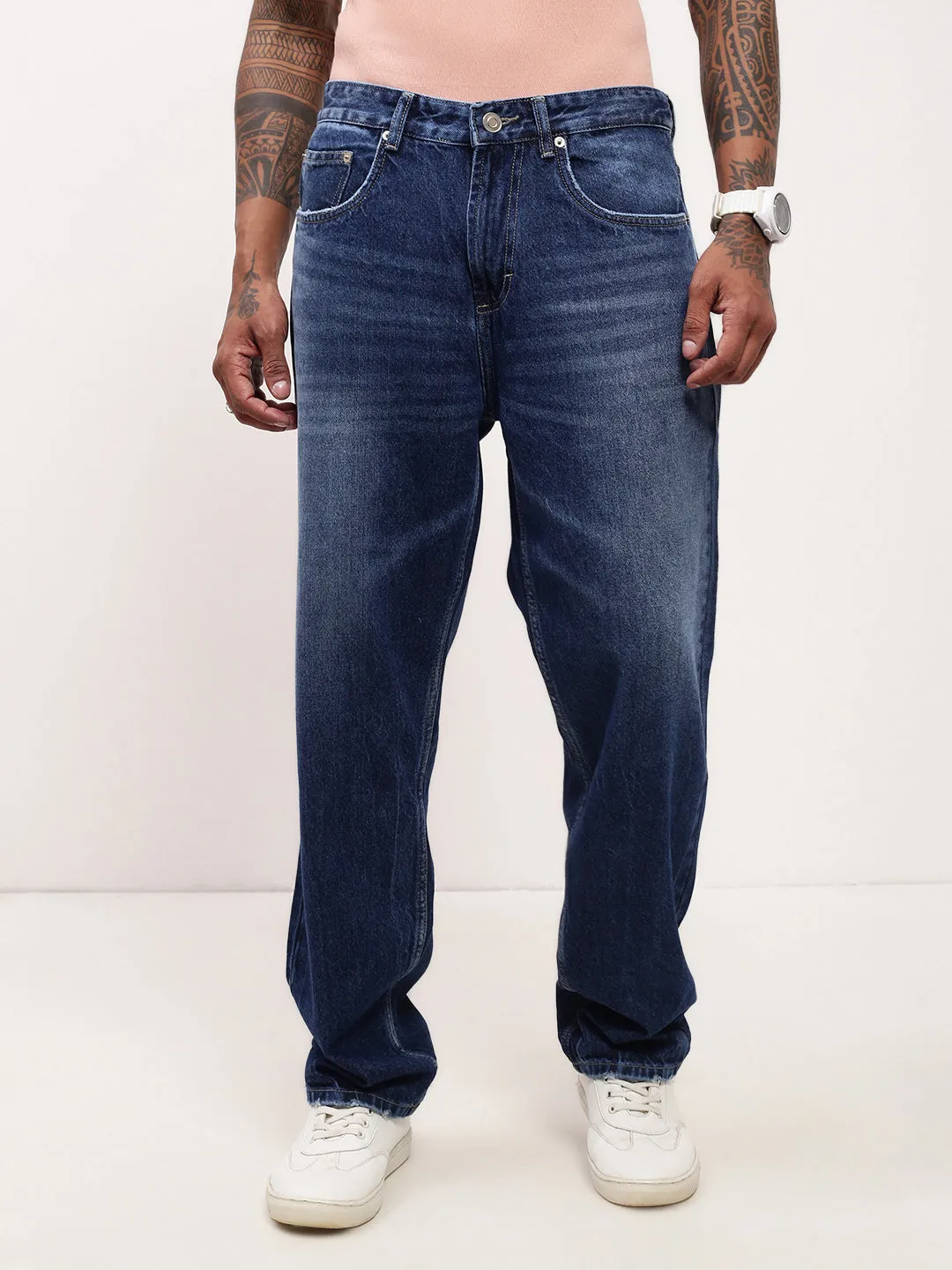 Festival Outfit Minimalist Style Men's Blue Solid Straight Fit Denim Jeans