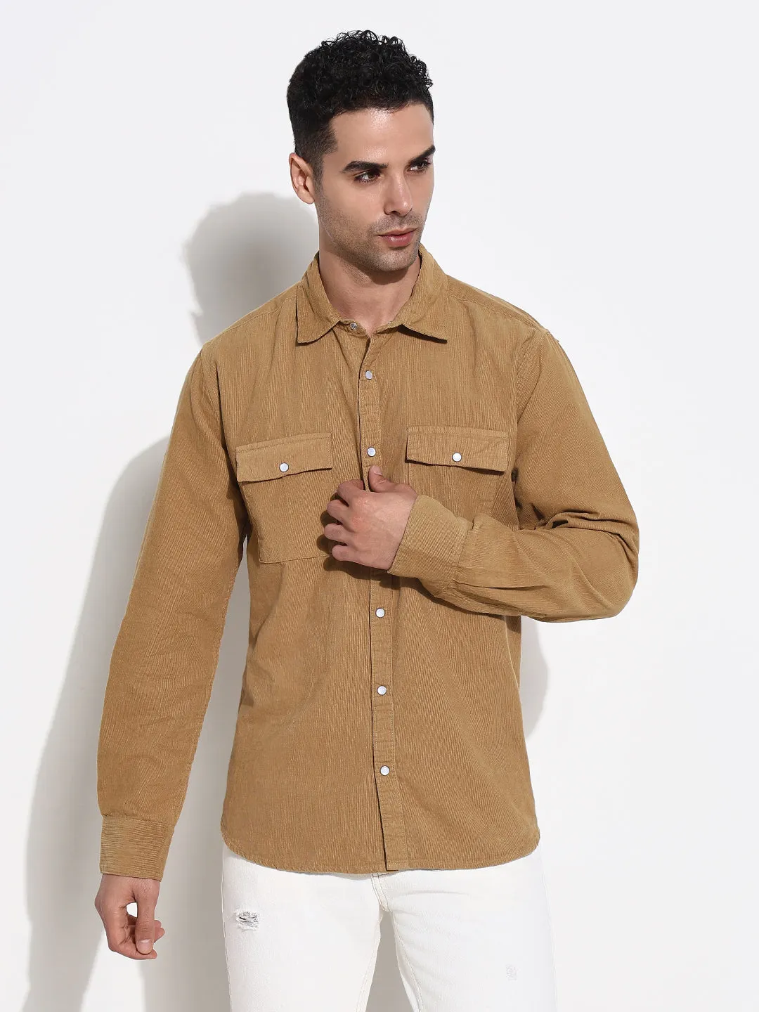ButterySoftTexture Scandi Clean Men's Khaki Solid Shirt