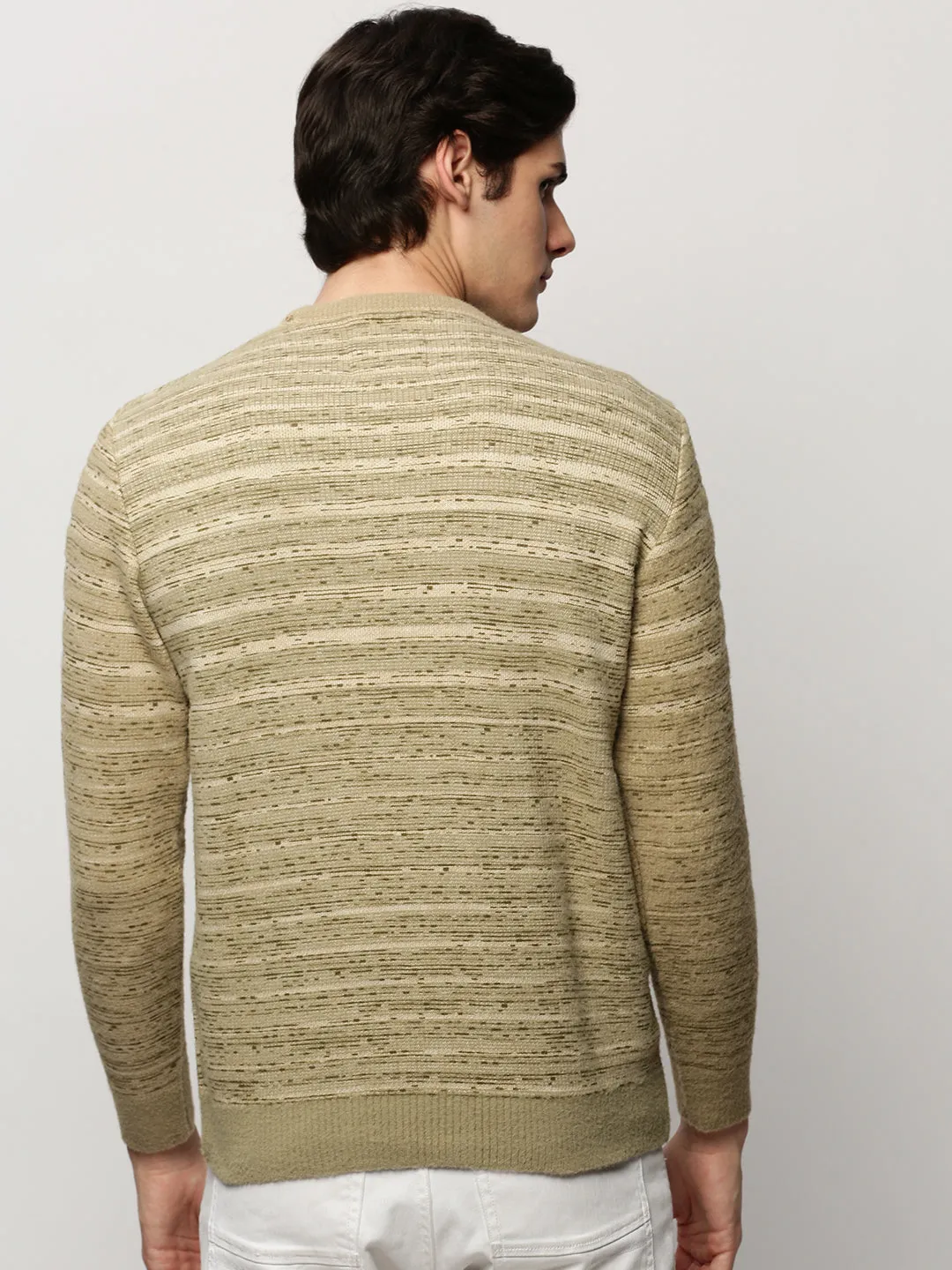Men's Olive Striped Acrylic Pullover BreathableKnit Fabric