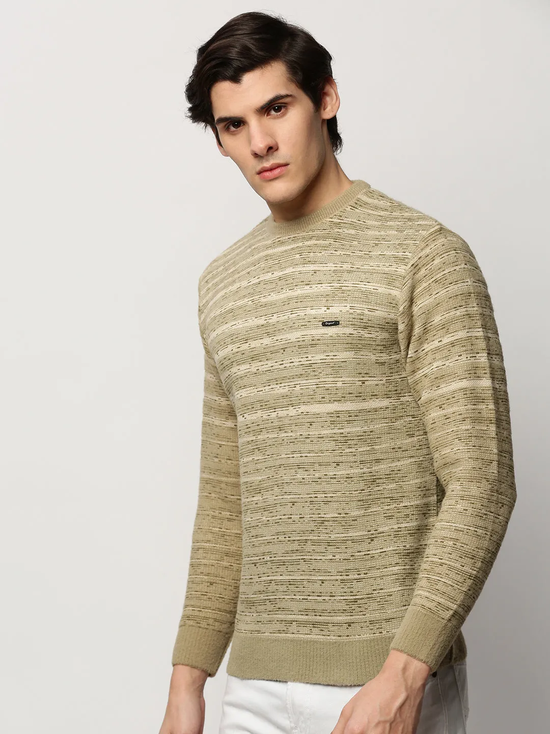 Men's Olive Striped Acrylic Pullover Subtle Detail Minimal Warmth