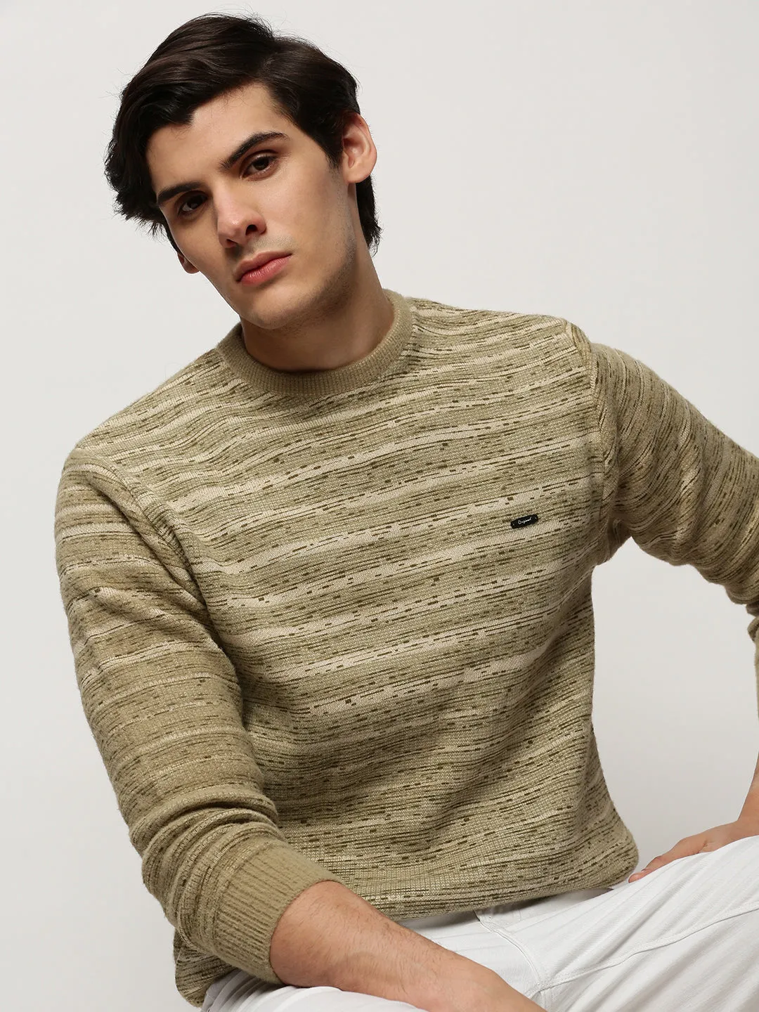 Durable Edge Binding Men's Olive Striped Acrylic Pullover