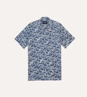 No-Fuss Design Casual Layering Wear Navy Duck Block Print Cotton Camp Collar Short Sleeve Shirt