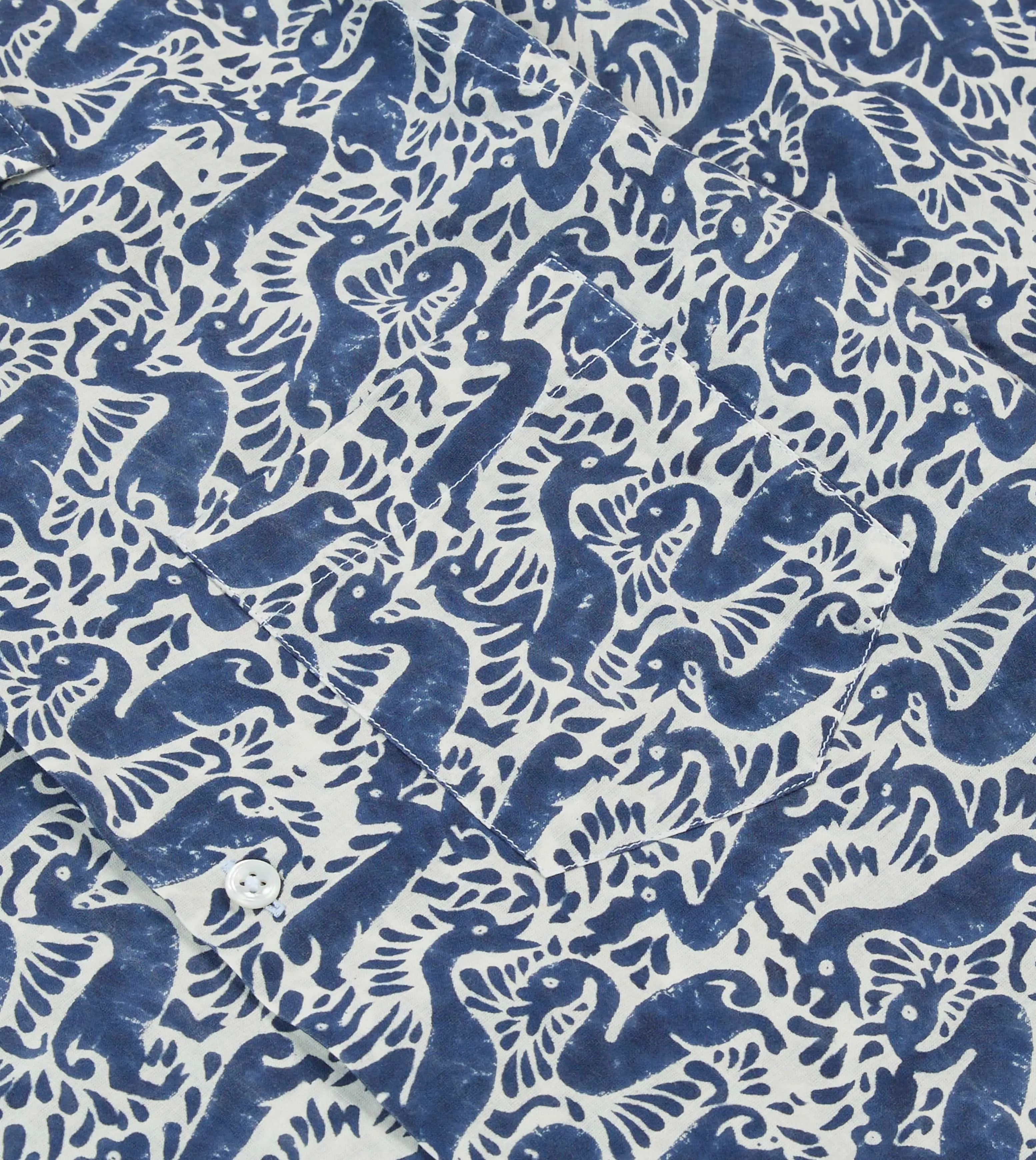 Navy Duck Block Print Cotton Camp Collar Short Sleeve Shirt Perfect for Vacation