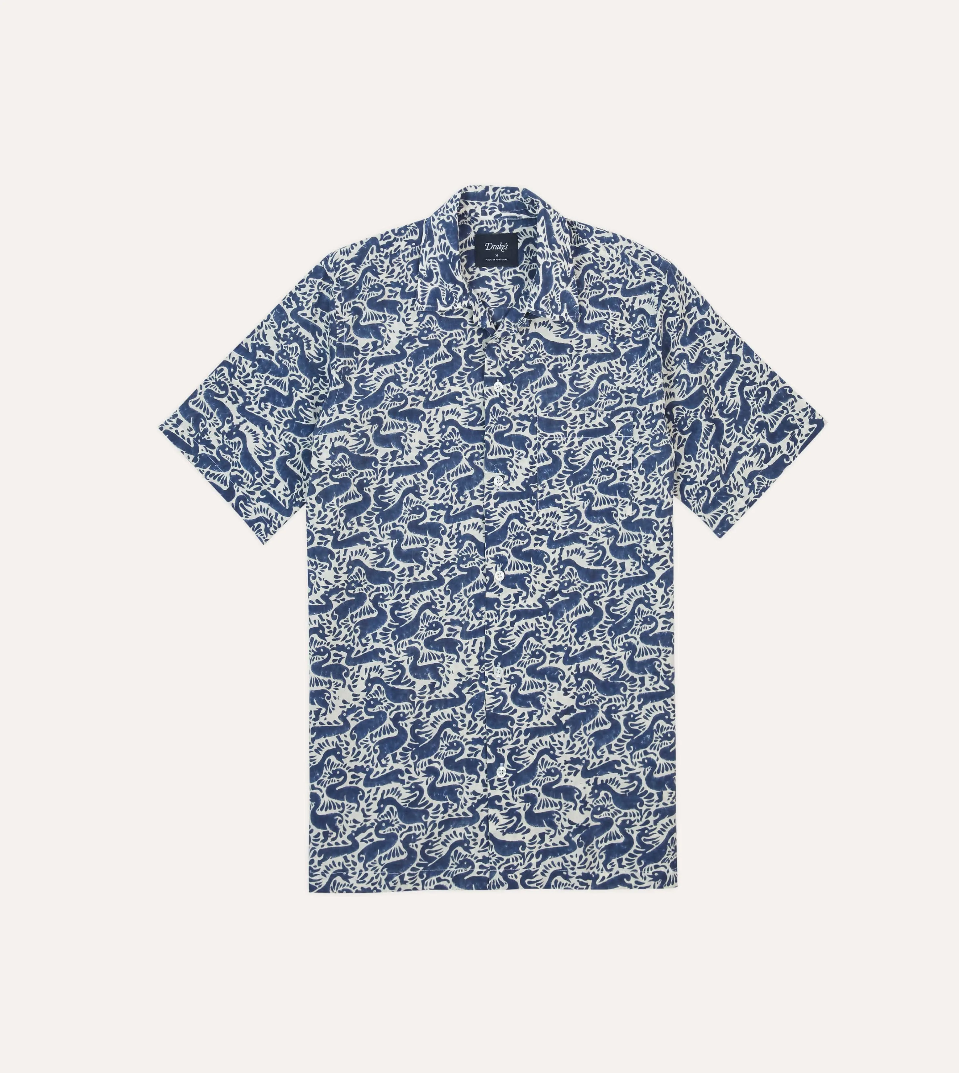 No-Fuss Design Casual Layering Wear Navy Duck Block Print Cotton Camp Collar Short Sleeve Shirt