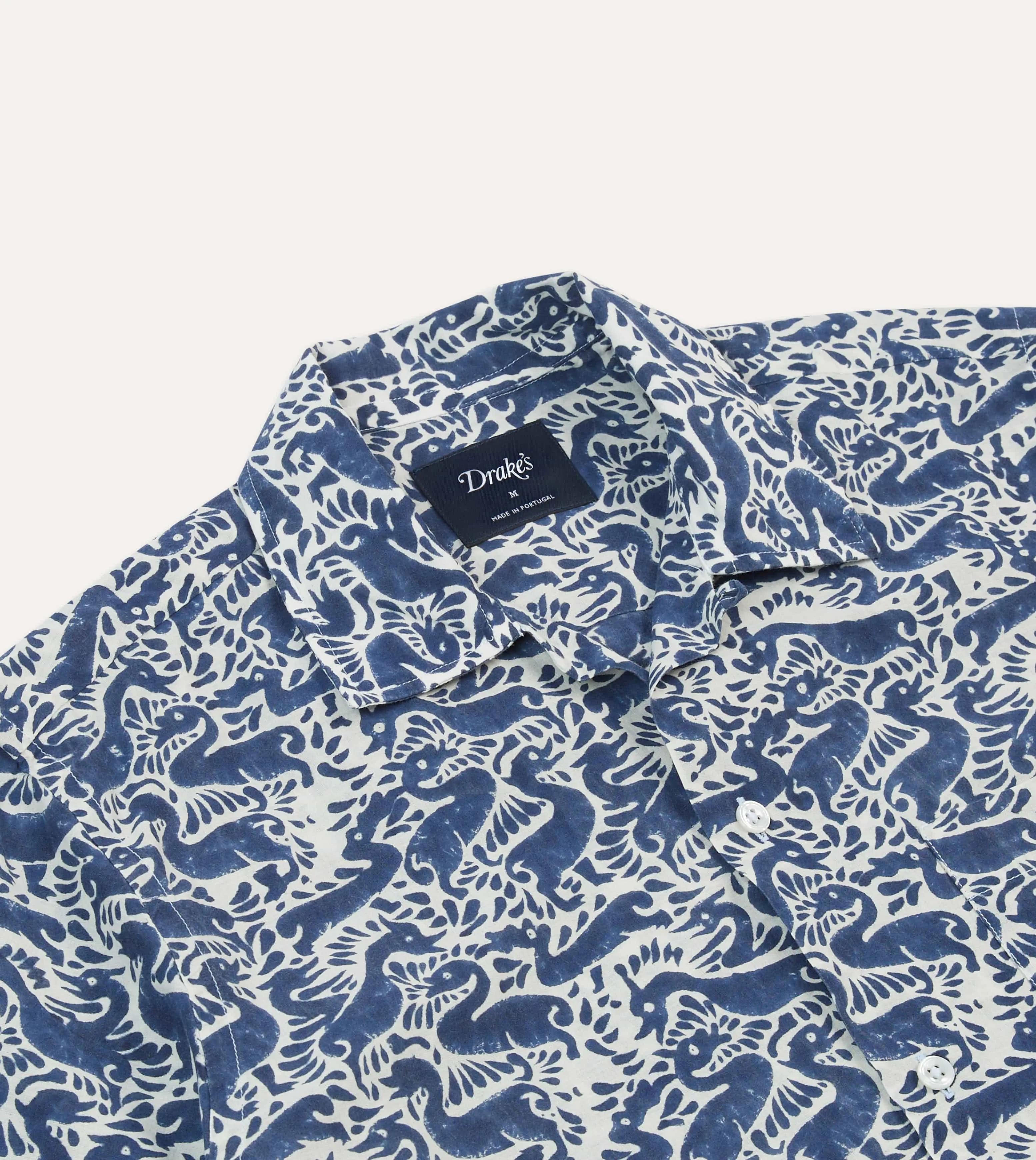Navy Duck Block Print Cotton Camp Collar Short Sleeve Shirt Abstract print Light Fit Wear