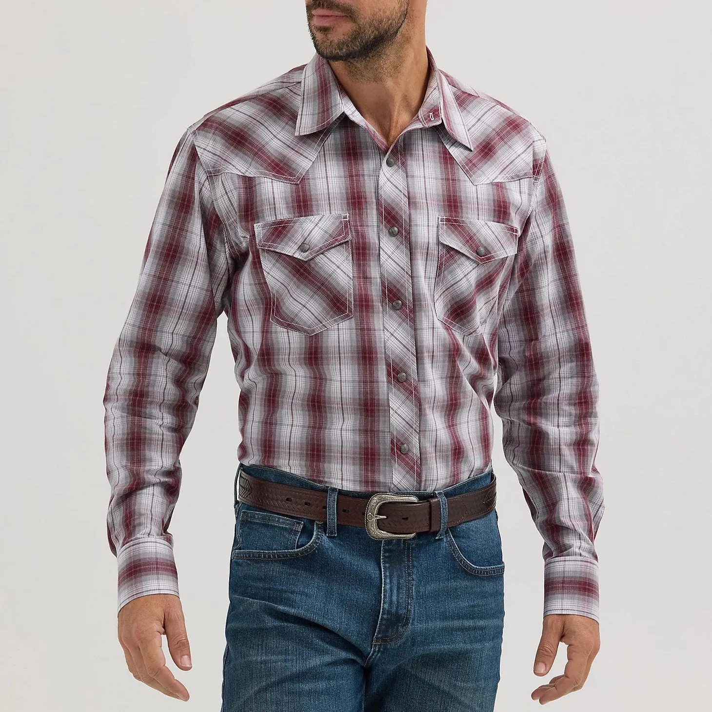 Wrangler Men's L/S 20X Competition Western Snap Shirt in Variegated Gray Wine Plaid Breathable Fit Design Casual All-Day