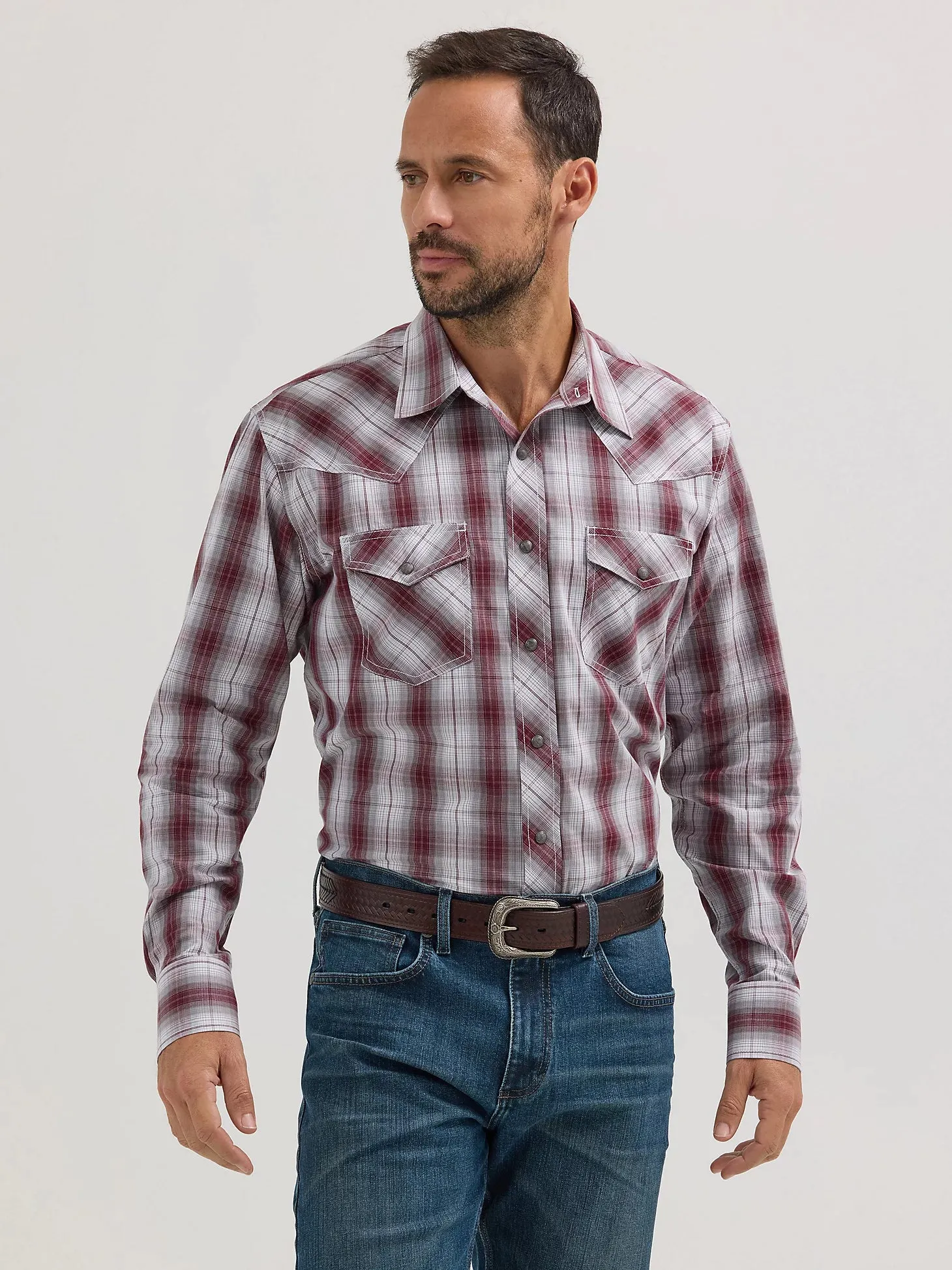 Wrangler Men's L/S 20X Competition Western Snap Shirt in Variegated Gray Wine Plaid Non Irritating Tags Plus size confidence