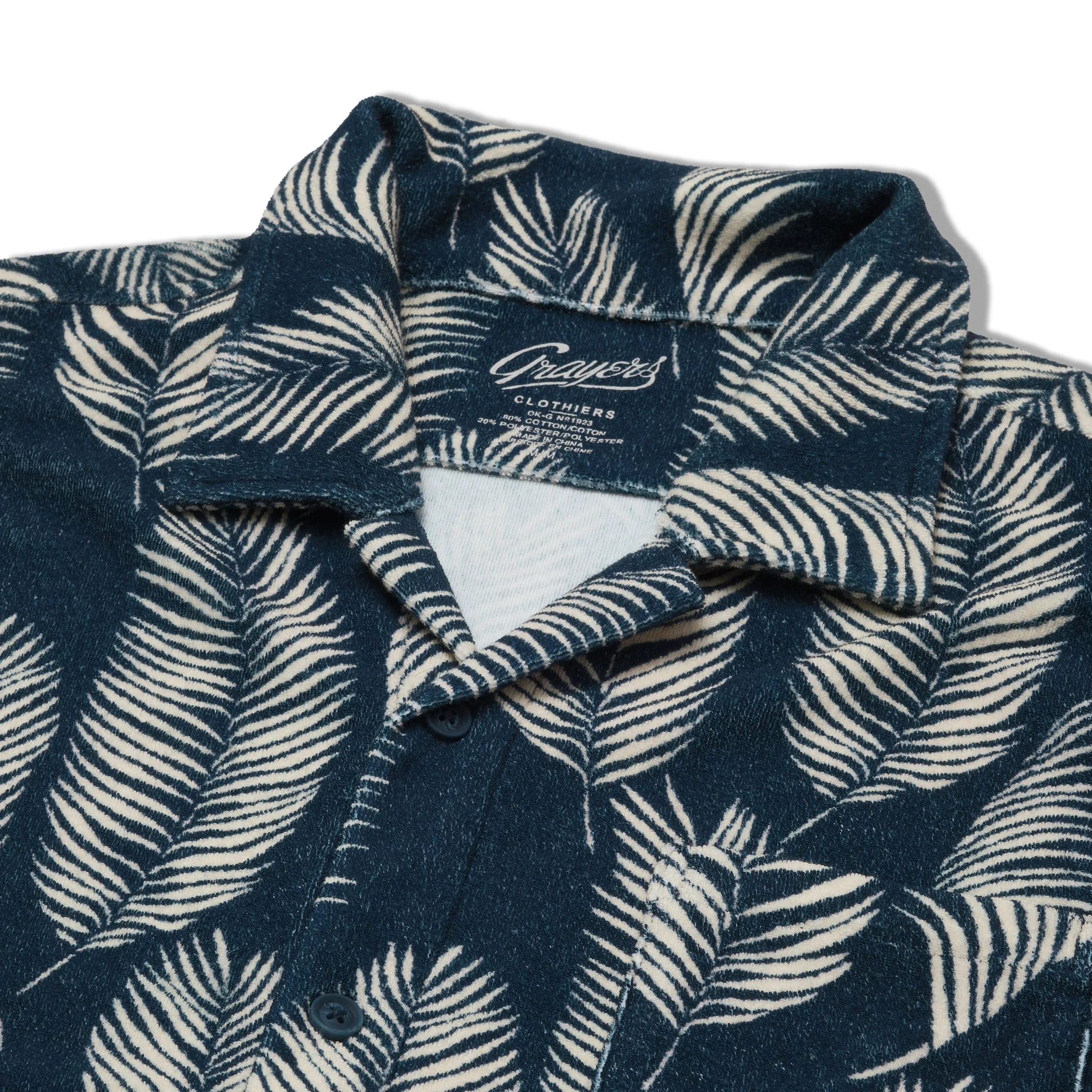 Riviera Terry Button Front Print Shirt - Navy Leaf Active Outfit