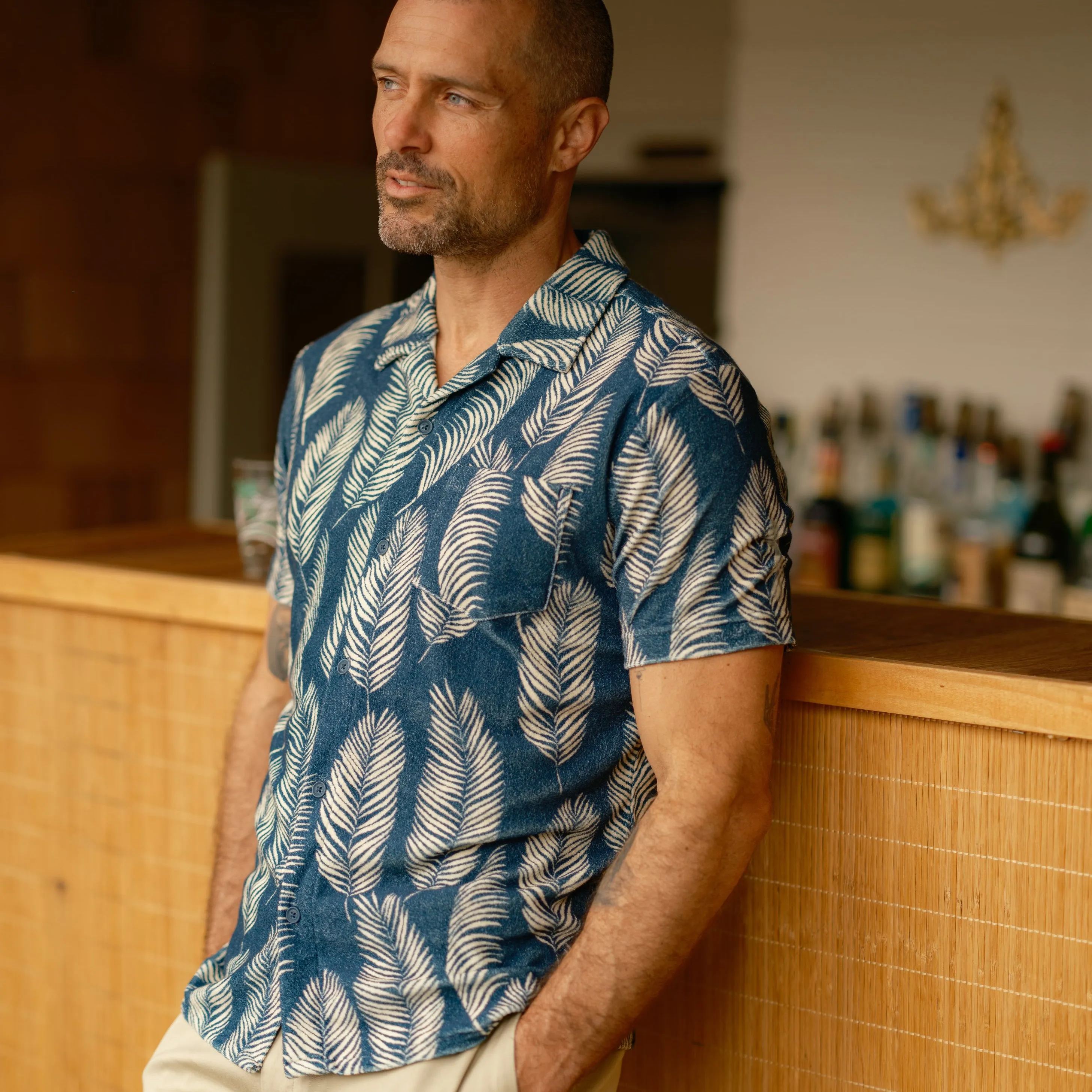 Riviera Terry Button Front Print Shirt - Navy Leaf Seasonal Must-Have