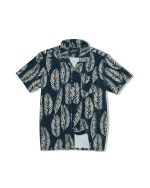 Riviera Terry Button Front Print Shirt - Navy Leaf Layering Options Sustainable Material Blend