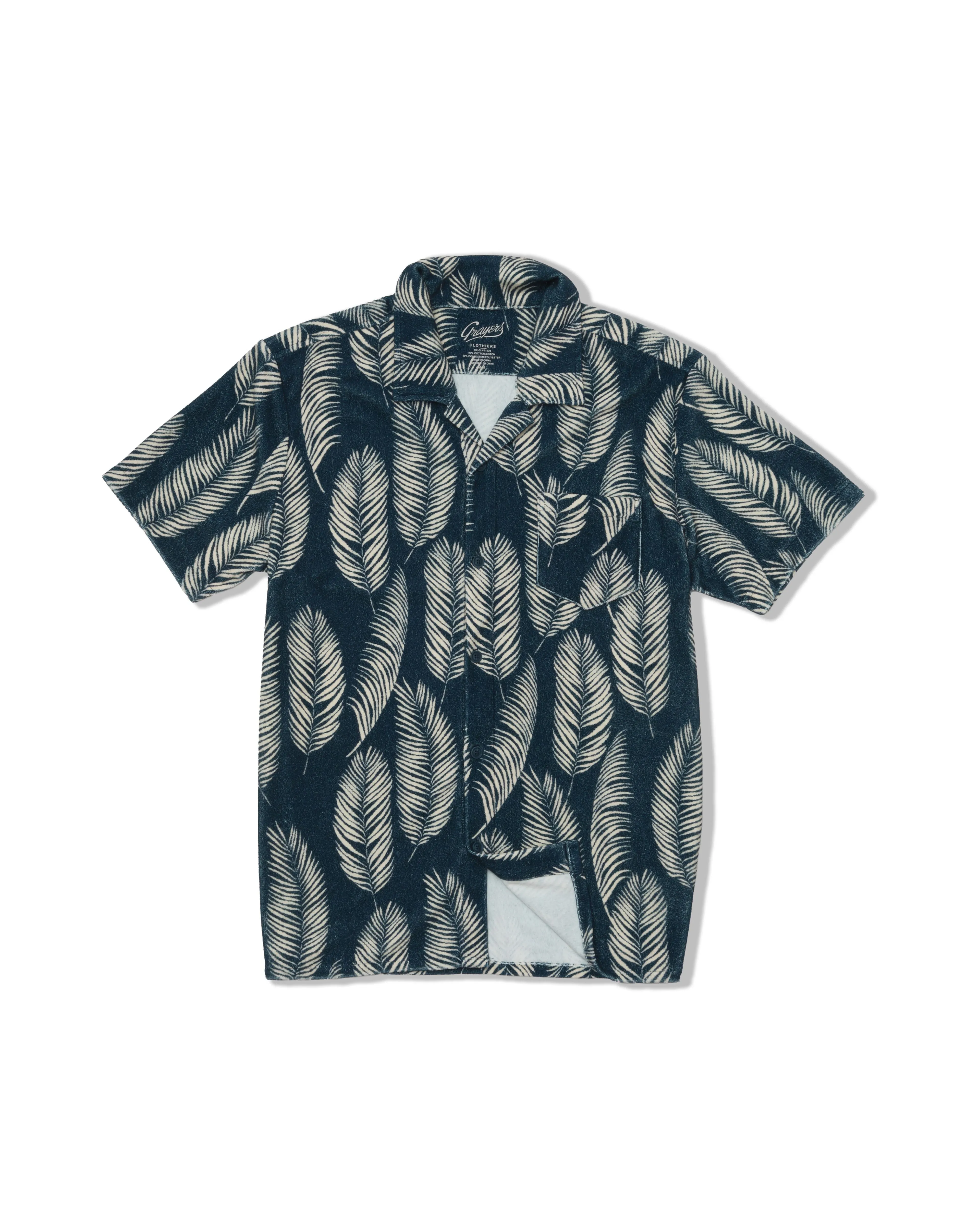 Riviera Terry Button Front Print Shirt - Navy Leaf Layering Options Sustainable Material Blend