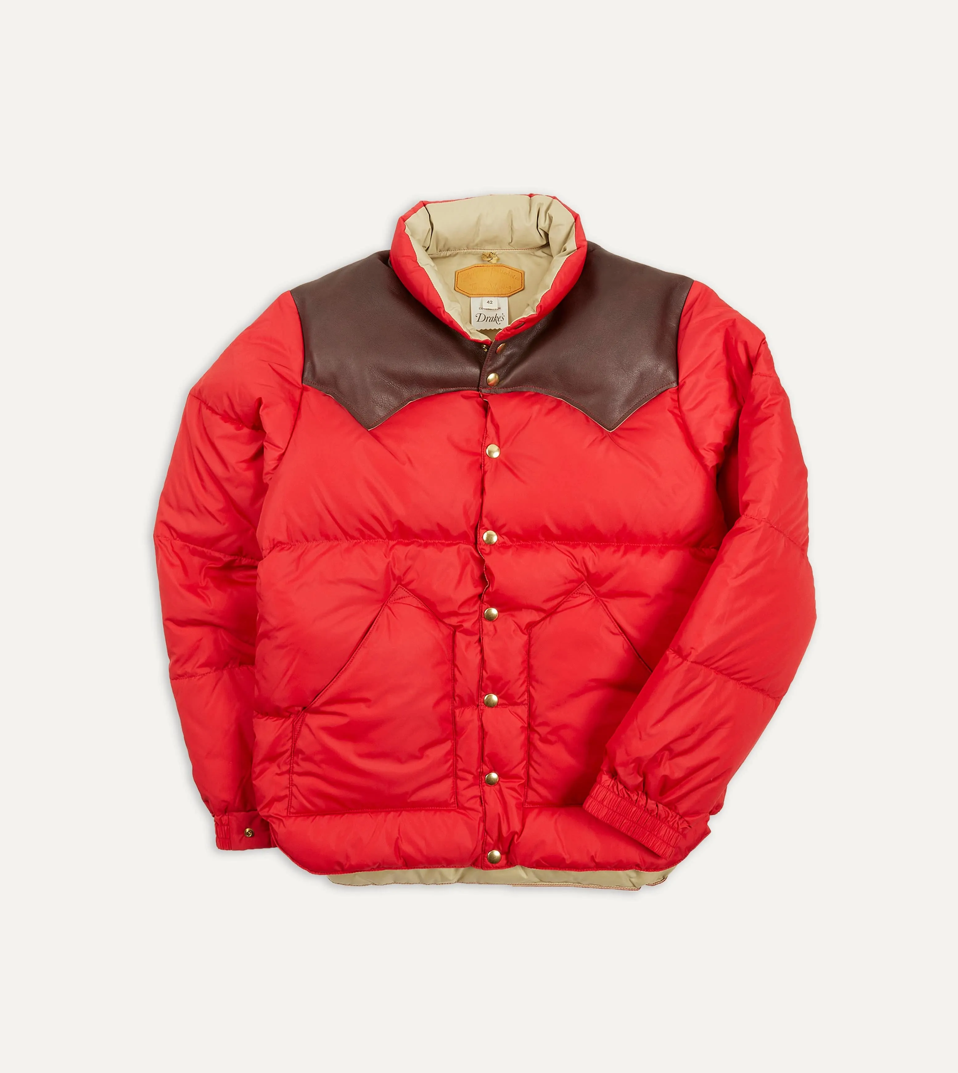 Rocky Mountain Featherbed for Drake's Red Nylon Leather Christy Down Jacket Multi Pocket Layout