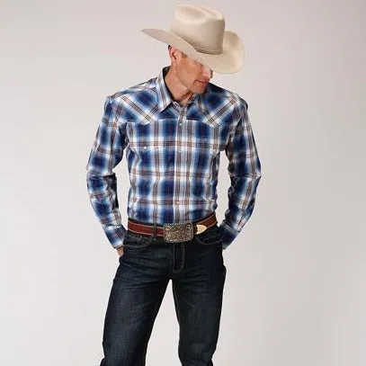 Roper Men's Amarillo Collection Country Roads Pearl Snap Long Sleeve Shirt-Royal and Tan Plaid Sleek And Stylish Picnic
