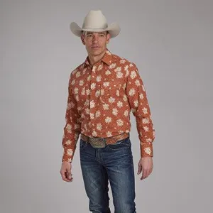 Roper Men's L/S Floral Print Western Snap Shirt in Orange & Cream Valentine's Day Comfortable and stylish