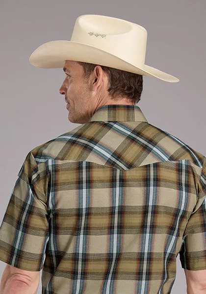 Roper Men's S/S Plaid Western Snap Shirt in Tan Sporty and Cool Easy Look