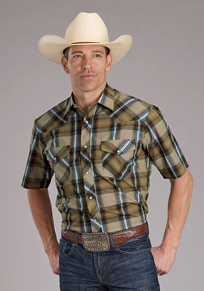 Raw Edge Hem Minimalist Stitching Roper Men's S/S Plaid Western Snap Shirt in Tan