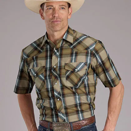 Roper Men's S/S Plaid Western Snap Shirt in Tan Essential Look