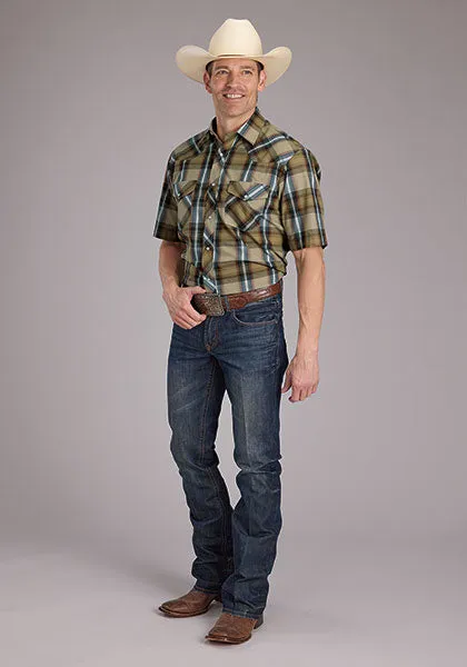 Roper Men's S/S Plaid Western Snap Shirt in Tan DropShoulderDesign