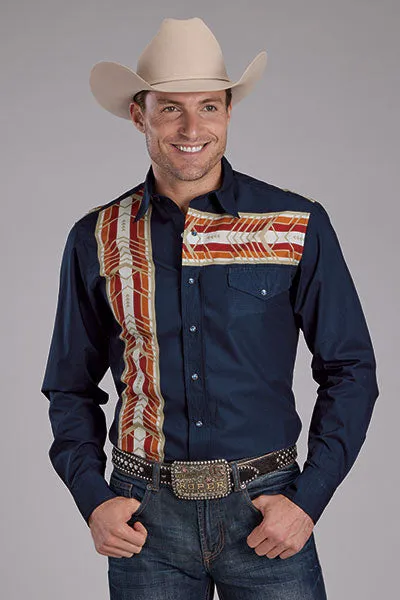 Roper Vintage Men's L/S Aztec Border Western Snap Shirt in Blue Feminine Appeal