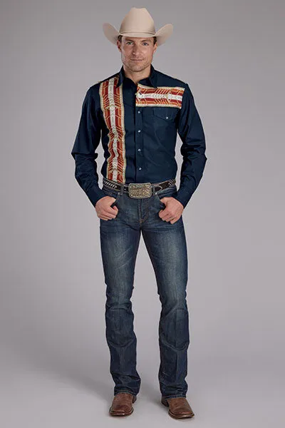 Roper Vintage Men's L/S Aztec Border Western Snap Shirt in Blue Sleek Layer Outdoor Activity