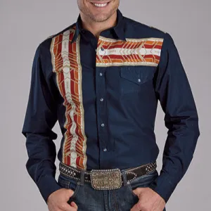 Roper Vintage Men's L/S Aztec Border Western Snap Shirt in Blue Everyday Layering