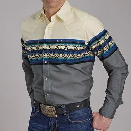 Layerable Look discount offer Roper Vintage Men's L/S Retro Diamond Border Western Snap Shirt in Blue & Cream