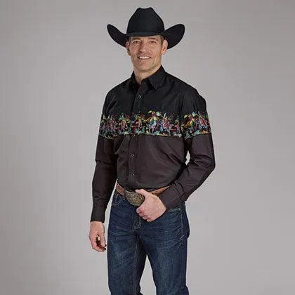 Roper Vintage Men's L/S Scribble Bullriders Border Print Western Snap Shirt in Black Vintage Wash Effect Vintage Wash