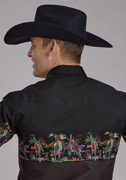 Roper Vintage Men's L/S Scribble Bullriders Border Print Western Snap Shirt in Black Spring Wear Odor-resistant