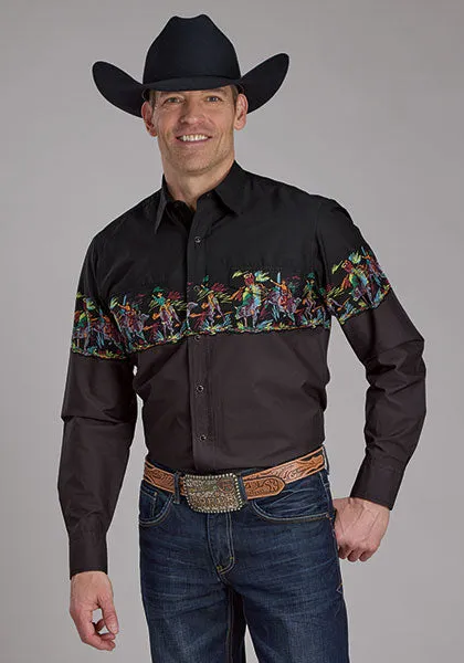 Roper Vintage Men's L/S Scribble Bullriders Border Print Western Snap Shirt in Black Breathable mesh vacation wear