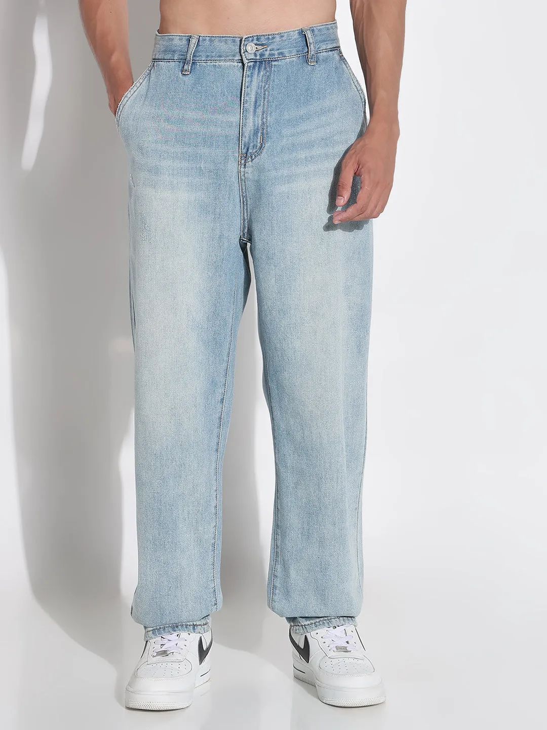 Men's Blue Baggy Denim Jeans Textured Party Look Soft