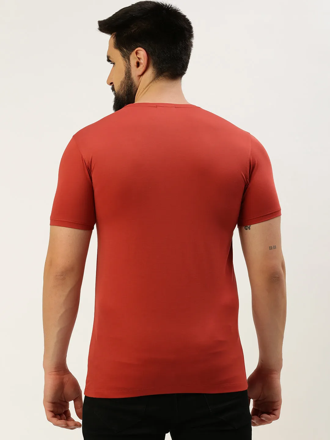 Simple Look Outdoor Chic Men's Rust Typography Printed Slim Fit T-shirt