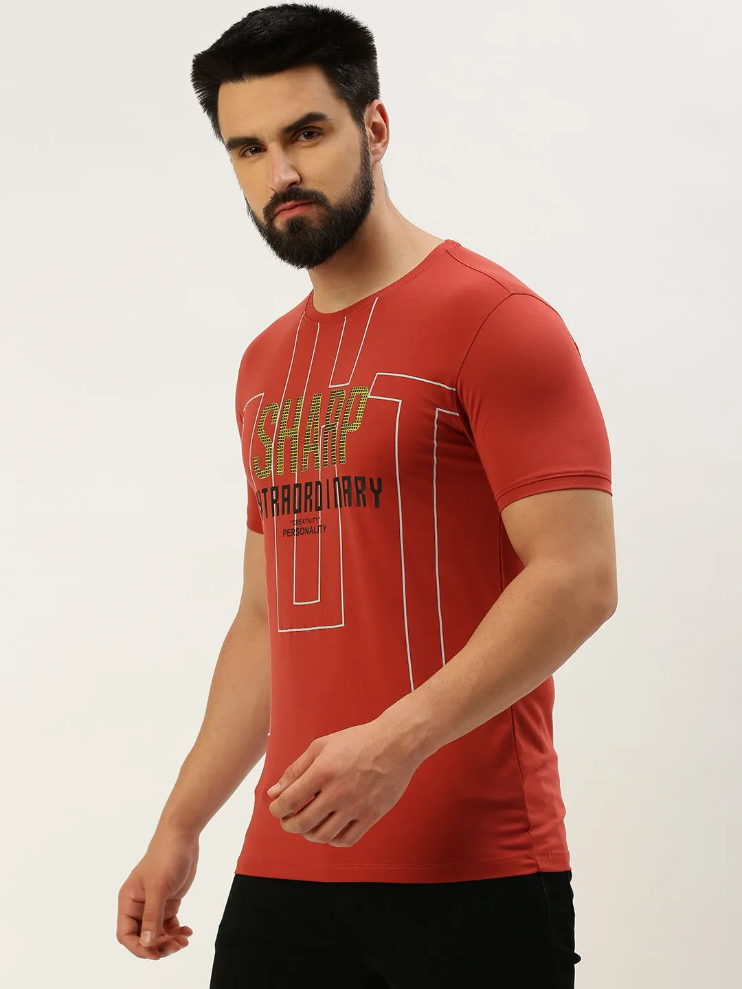 Men's Rust Typography Printed Slim Fit T-shirt Affordable