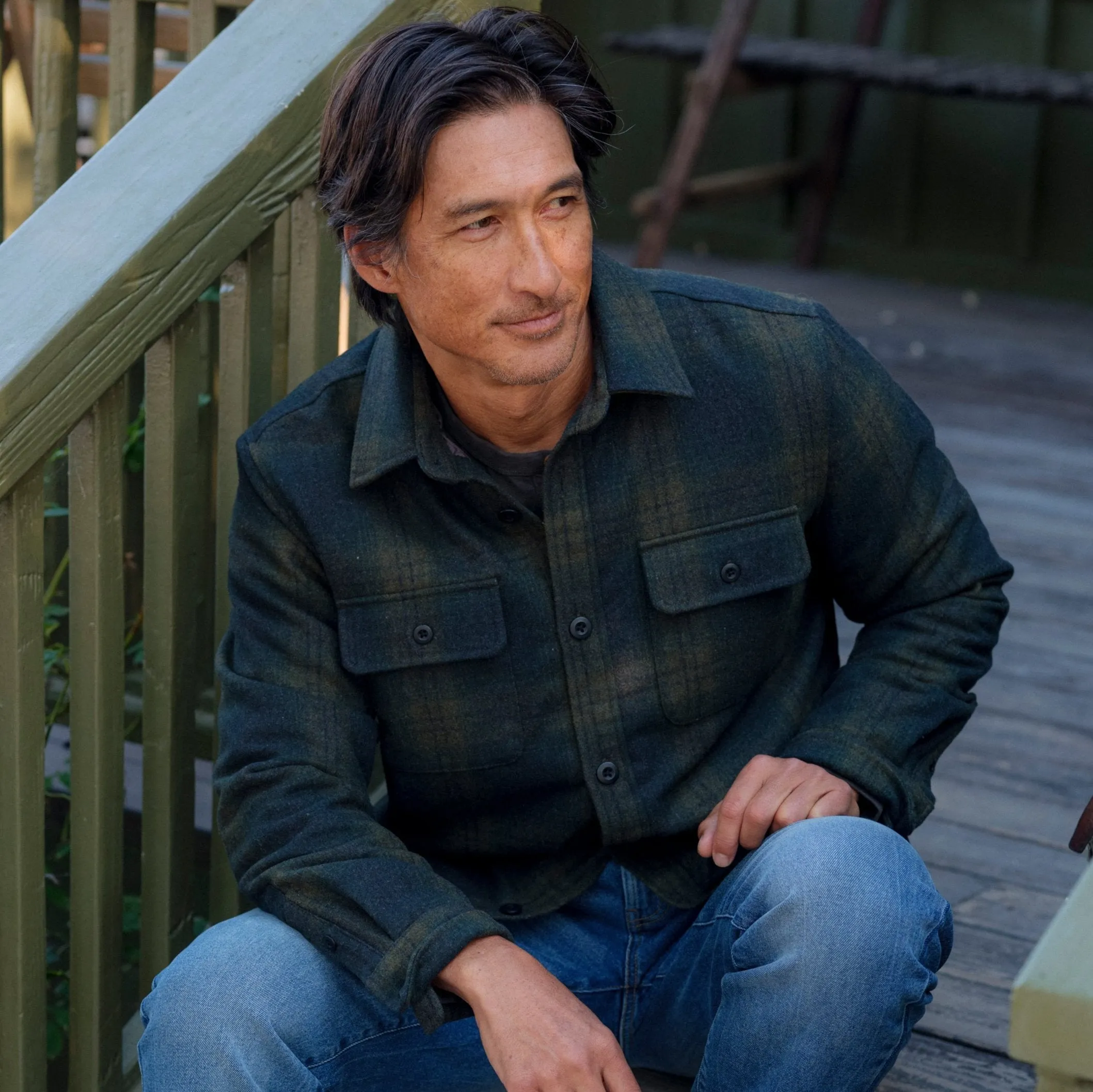 Adventure Day Look Retro Wool Padded Shirt Jacket - Olive Plaid